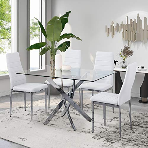 GOLDFAN Table de Salle à Manger et 4 Chaise, Table à Manger en Verre Trempé et Chaises pour 4 Personne Cuisine, Blanche,110 cm