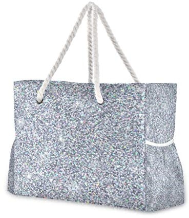 Mnsruu Strandtasche mit Baumwollseilgriffen, silberfarbene Glitzer-Umhängetasche, Strandtasche, Reißverschluss oben, mehrere Außen- und Innentaschen, Mehrfarbig, Einheitsgröße