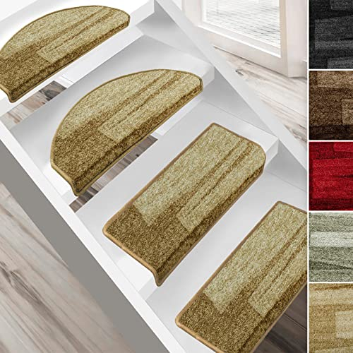 Floordirekt Stufenmatten Via Veneto mit Pinselstrich Design 15 Stück Spar Set Treppen-Teppich | 65 x 23,5cm, rechteckig, sauber eingekettelt, Starke Befestigung, stabile Winkelschiene/Farbe Beige