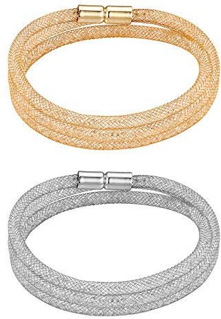 JewelryWe Schmuck 2pcs Damen Armband Mehrreihig Strass Netzschlauch Armreif mit Magnetverschluss