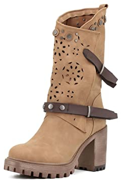 QUEEN HELENA Stivali con Tacco Traforati con Fibbia Zip Laterale Stivaletti Estivi con Plateau Borchiati Donna X24-42 (X24-42 Cuoio, numeric_39)