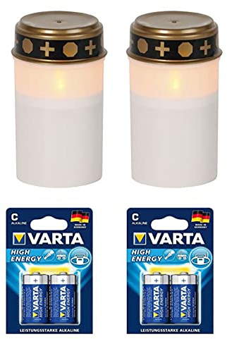 Fachhandel Plus LED-Grablicht Ewiges Licht Grabkerze Flackereffekt 2er Set mit Varta Alkaline