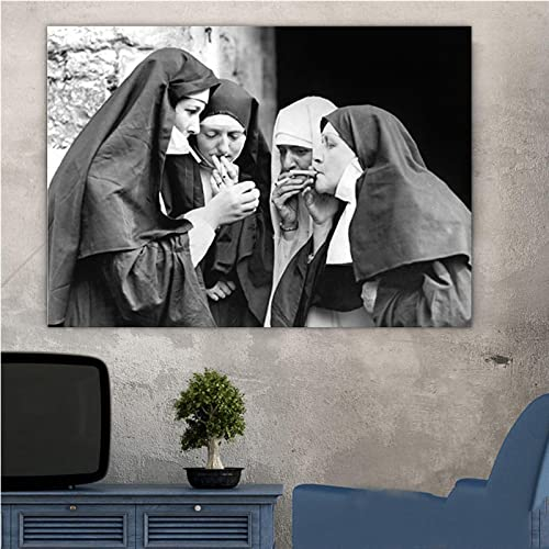 SDVIB Smoking Nuns Prints Vintage Photo Black and White Poster Cigarette Funny Art Canvas Painting Wall Decor Pictures19.6”x 27.5”(50x70cm) No frame
