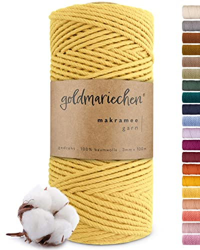 goldmariechen Premium Makramee Garn (Sonnengelb) | 3mm x 100m | 100% Baumwolle | plastikfreie Verpackung | Makramee Baumwollgarn für DIY Handwerk