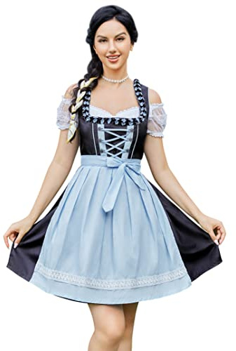 KOJOOIN Robe Traditionnelle Courte Dirndl pour Femme 3 pièces. pour Oktoberfest (Bleu) 38