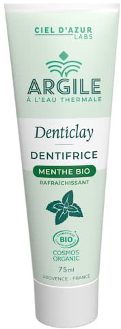 CIEL D'AZUR LABS - Denticlay Argile - Dentifrice Bio à l'Argile Blanche et à l'Eau Thermale de Digne les Bains - Certifié Bio Cosmos Organic - Tube 75ml - Menthe