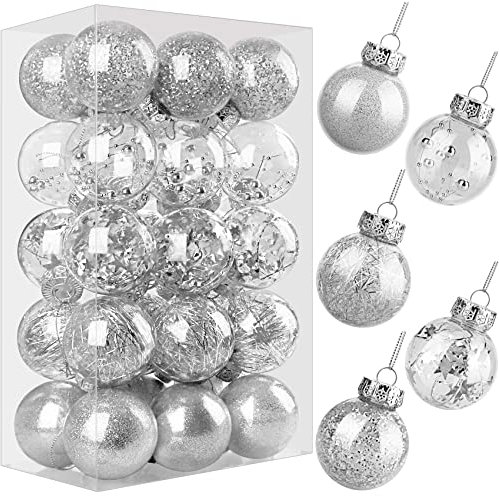 Christmas Baubles Silver for Christmas Tree Decorations 6cm 30pcs, Christmas Balls Shatterproof Clear Xmas Baubles with Strings, Xmas Tree Decorations Christmas Ornaments Hanging Christmas Decorations