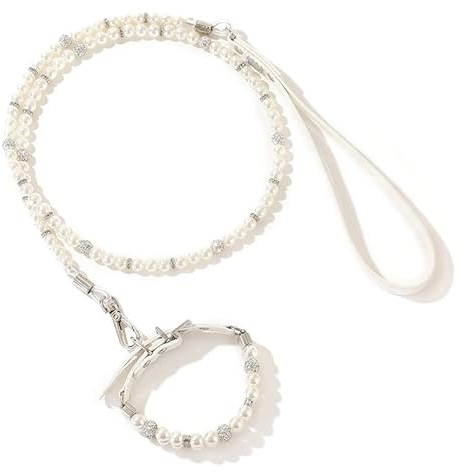 Bling Rhinestone Pet Dog Jewelry Chihuahua Dog Collar，Hundehalsband und Leine Set,Verstellbares Hundehalsband und Leine Set mit Bling Perlen Diamant für Haustiere,Welpen,Katzen (S, Weißes Set)
