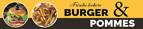 Banner 2,5 m 'Frische leckere BURGER und POMMES' XXL Werbung PVC-Plane mit Ösen zum Aufhängen
