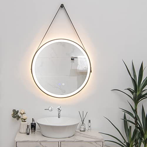 COSTWAY Miroir Lumineux Salle de Bain Anti Buée Dia.60 cm LED de 3 Couleurs et Luminosités Réglable en Continu, Miroir Rond Anti-Eau HD avec Cadre Antirouille Prise ou Interrupteur Mural