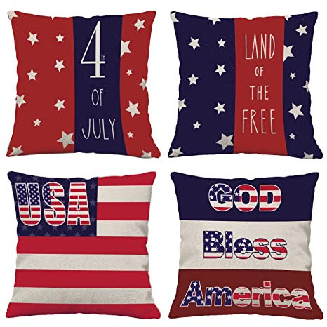 BOFKYIC 4. Juli Dekorationen Kissenbezüge Independence Day Set von 4 Stück 40,6 x 40,6 cm amerikanische Flagge patriotische Wurfkissenbezüge USA Freiheit Kissen Dekor 10,2 - 40,6 cm