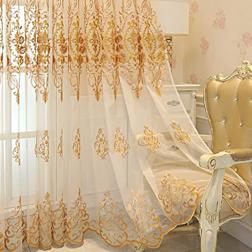Amidoudou 1 Paar europäische Jacquard-Vorhänge für Wohnzimmer, Schlafzimmer, luxuriöse bestickte Tüllvorhänge (Gold, 132 x 213 cm)