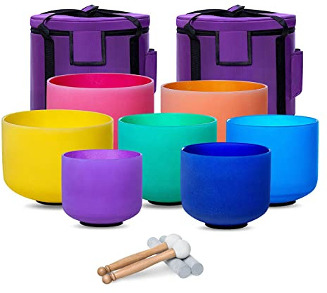 SOUNDELLO 432hz Crystal Singing Bowl Set of 7 Colored 6-12inch, for Meditation Mindfulness Sound Healing with Carrying Case Mallet Suede Striker