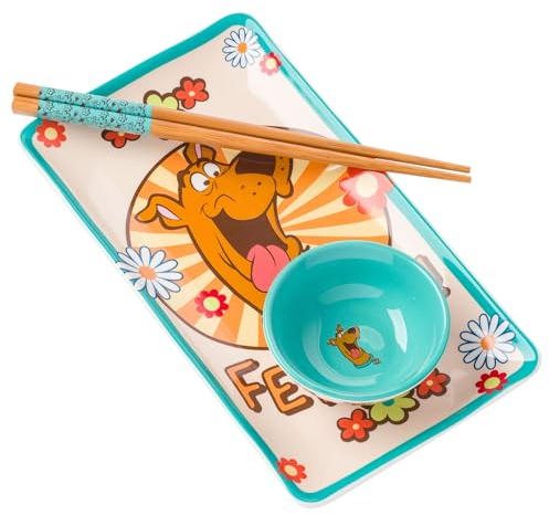 Silver Buffalo Scooby Doo Feed Me Retro Groovy Flowers Ceramic Sushi Set with Dipping Sauce Dish and Matching Chopsticks