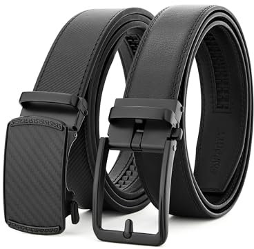 SKiporty Ratschengürtel für Herren, Ledergürtel, 2 Stück, Schwarz / Braun, verstellbarer Gürtel für Kleid, Freizeit, Geschenkbox, Basic Black/Black, 36-42W