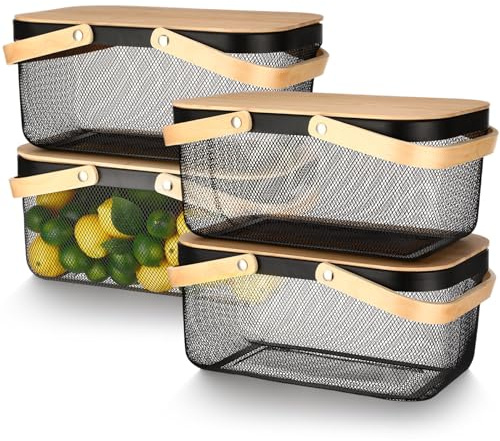 Jingmore 4 Pcs Mesh Steel Basket with Handles and Lids 16 x 9.8 Inch Large Wire Mesh Basket Garden Baskets for Gathering Vegetables Fruit Harvest Storage Organizer for Kitchen Drying Food (Black)