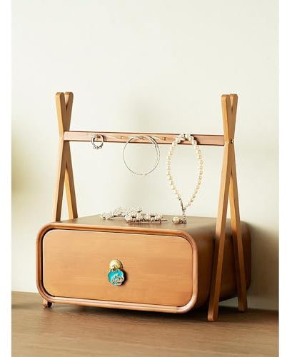 Schmuckschatulle aus Massivholz mit Schublade, Mehrfachhaken und HD-Spiegel, zwei Arten von Aufbewahrungsboxen. Kann als Stauraum im Büro oder im Eingangsbereich verwendet werden.(Hooked style)