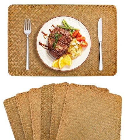WENLISELL 6 Pack Natural Seagrass Placemat, Rectangular Woven Rattan Placemats, 43 x 30 cm Seagrass Woven Place Mats for Table, Coffee and Kitchen