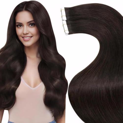 LaaVoo Extensions Echthaar Tape Braun Echthaar Extensions Tape Dunkelbraun Invisible Tape Extensions Echthaar Haarverlängerung Echthaar Extensions Tape Remy Haar Glatt 50g 20Stück #2 45cm