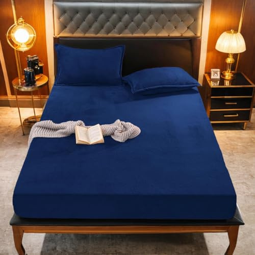 Gezu Spannbetttuch Warm Flauschige Spannbettlaken 180x200cm Blau | Fleece Flanell Cashmere Touch Spannbetttuch Winter Plüsch Kuschelig Bettlaken für 25 bis 30cm Matraze