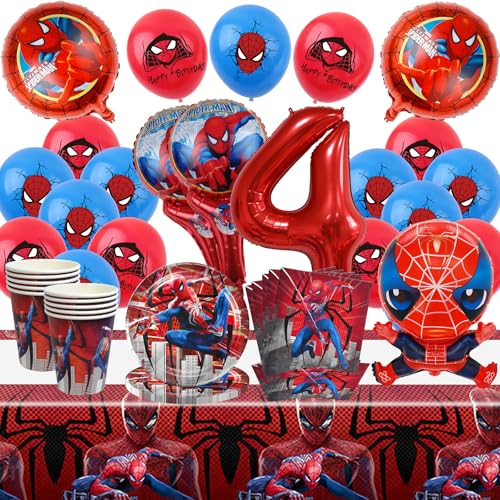 66 Piezas Globos pour Spiderman Cumpleaños 4 Años, Spiderman Decoración Cumpleaños, Spiderman Vajilla Cumpleaños, Spiderman Vajilla Cumpleaños Incluir Banner, Globos, Vasos, Servilletas etc (4 Años)