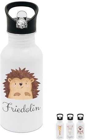 wunderwunsch® - Personalisierte Trinkflasche Kinder Edelstahl [ 500ml ] - Robuste Trinkflasche mit Namen - Wasserflasche mit Trinkhalm - Personalisierte Geschenke für Kinder (Igel)