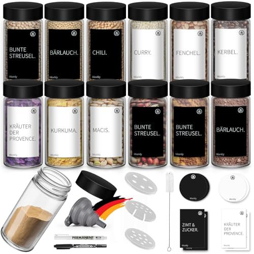 Miorkly 12 Rund Gewürzgläser mit Streueinsatz - Schwarzer Edelstahl Deckel Gewürzdosen-Gewürzstreuer -Gewürzbehälter Spice Jars - Küchen Gewürz Organizer - Trichter, Etiketten & Kreidestift
