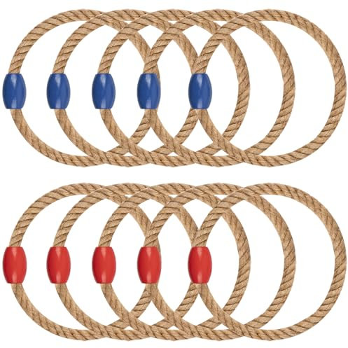 WOFEU 10pcs Ring Toss Game Ropes, Wooden Quoits Rounders for Adults and Kids, Outdoor Toss Rings for Agility Practice and Speed Game and Yard Games and Lawn Games for Party