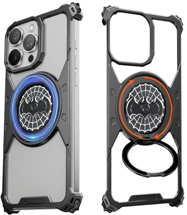 NIFBANG Bat Shape for iPhone 16 Pro Max Phone Case with Fidget Spinner,360° Rotatable Magnetic Ring Kickstand,Minimalist Metal Frameless Heat Dissipation Shockproof Protective Bumper Cover,Black