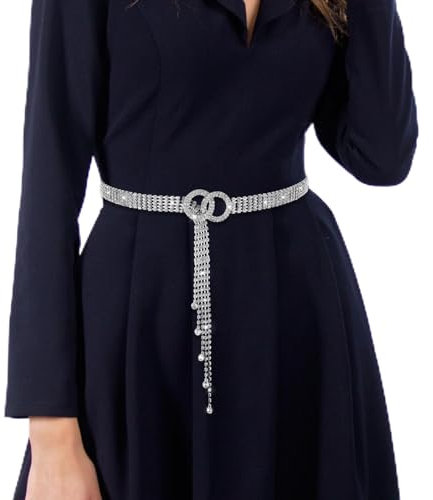 Andibro Rhinestone Belt for Women, Adjustable Crystal Waist Chain Belt O-Ring Silver Waist Chain for Dresses(Silver)