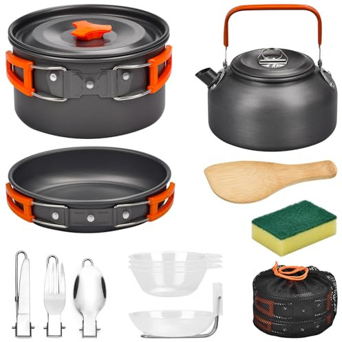 Onherm Kit de Casseroles Camping, Ensemble de Vaisselle Pliable de 13 pièces avec poêles, marmites et casseroles, Accessoires de Camping, Cuisine en Plein air Convient pour 1 à 4 Personnes