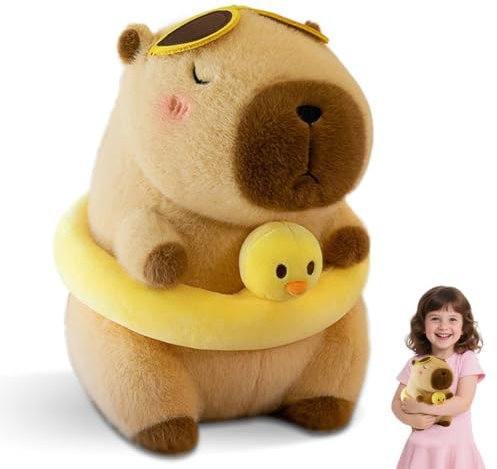 Capybara - Peluche con anillo de natación y gafas de sol, 30 cm, peluche de cerdo de agua suave, bonito capibara como cojín decorativo y juguete, regalo para niños, niñas, niños, coleccionistas