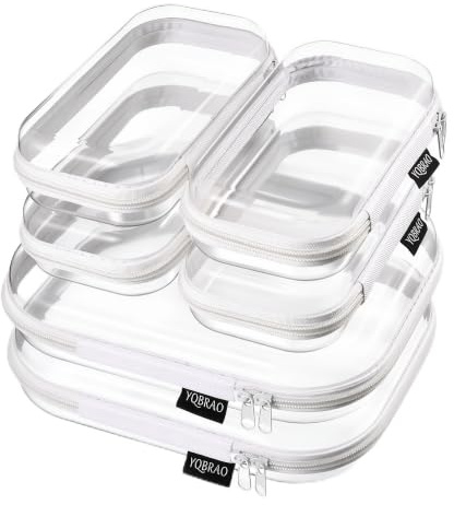 YQBRAO Clear Hard Shell Zipper Cases, 6 Travel Organizers, 2M 4S, White | Rigid clear shells in two practical sizes separate toiletries, skincare, cosmetics, chargers and frequently used accessories