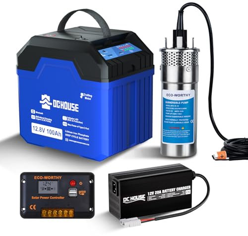 DCHOUSE Pompe submersible en acier inoxydable avec jeu de batteries, batterie d'extérieur 12 V 100 AH, régulateur de charge solaire 20 A, chargeur de batterie, plug and play, convient pour étangs