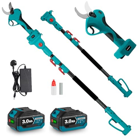 Yofidra 2-in-1 Electric Pruning Shears, Electric Secateurs Cordless Max Cut 30mm, 2 x 3.0Ah Batteries, with 1-2.3m Telescopic Pole, SK5 Steel Blades, 180° Rotating Head, Pruning Shears for Tree Branch
