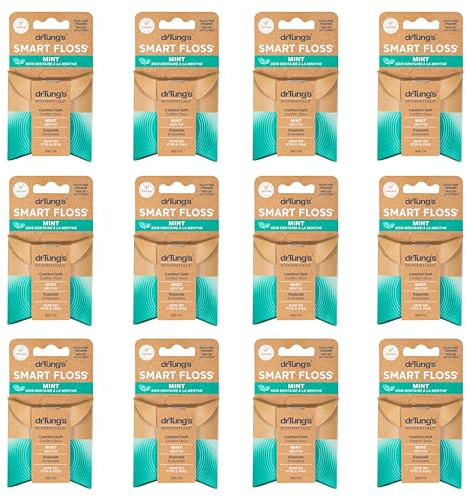 drTung's Smart Floss Mint for Teeth - Natural Expanding Dental Floss, Gentle on Tooth & Gums, Expands & Glides, PTFE & PFAS Free, Certified Organic Mint Essential Oils - Pack of 12