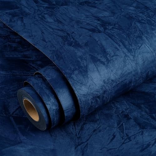 YENHOME Dunkelblau Stoff Beflocken Selbstklebende Tapete 60x500cm Samtstoff Tapeten Wohnzimmer Schlafzimmer Dunkelblau Klebefolie Selbstklebend Folie Möbel Vintage Beflockte Möbelfolie Flur Kommode