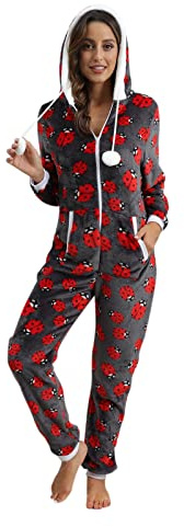 Generisch Combinaison de Noël pour femme - En flanelle - Polaire - Pyjama à manches longues - Pull à capuche - Pyjama une pièce - Hiver - Thermique - Combinaison de nuit - Confortable