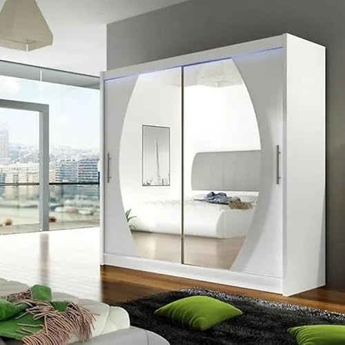 Agritrade AK BEGA IV 180 Wardrobe 180 cm Sliding Doors with Mirror Hanging Rail Shelves Modern Bedroom Storage White LED