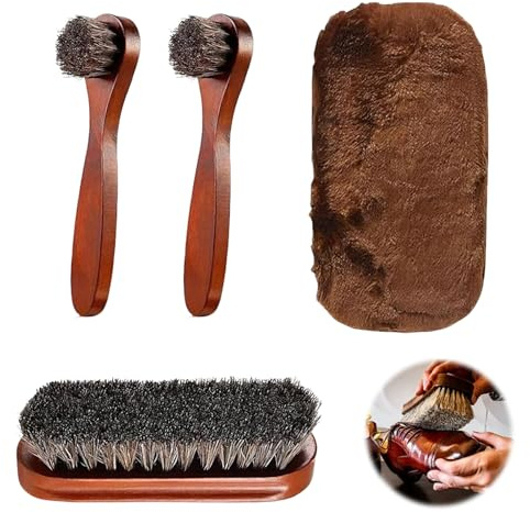 4 Pcs Shoe Brush, Shoe Polish Brushes for Professional Leather Care, Horse Hair Brush Collection with Glove Cloth, Red Brown Wooden Handle Design, Ideal for Boots, Car Seats, Bags, Sofas