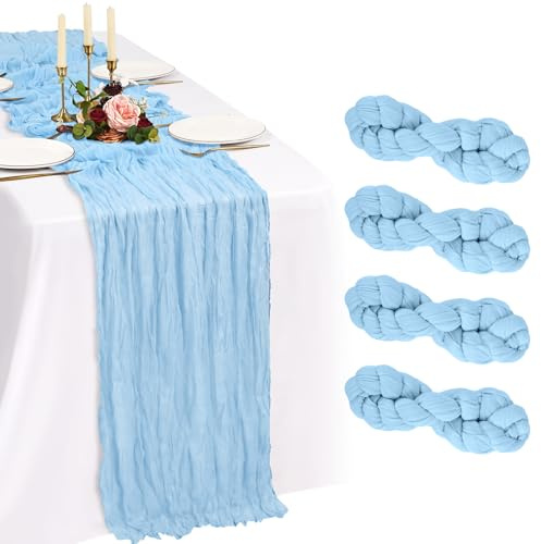 Showgeous 4 Stück Babyblau Käsetuch Tischläufer Extra Breit 90x300cm | Boho Tischläufer Abwaschbar Romantische Rustikale Tischdekorationen für Hochzeit Party Geburtstag Feiertag Zuhause