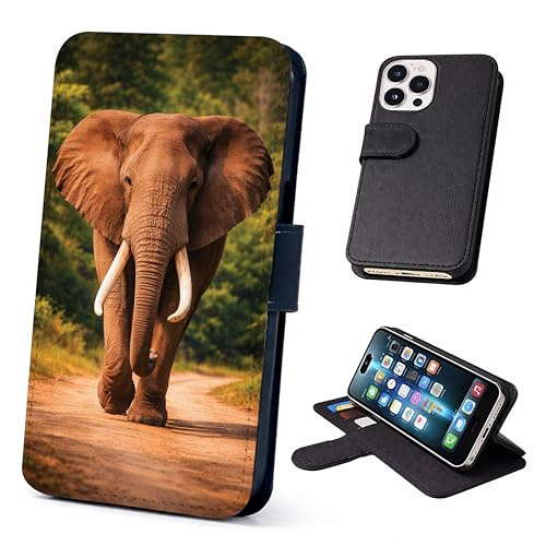 Elephant Wallet Phone Case Flip Cover Compatible with iPhone SE, 7, 8, X, XR, 11, 12, 13, 14, 15, 16, 16E, 17 (Air, Plus, Mini, Pro, Max Models) – Faux Leather African Elephant Animals