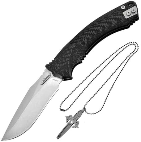 Pocket folding neck knife carbon, EDC Outdoor messer survival, Slim taschenmesser D2 Kohlefaser klappmesser Klein handliche werkzeug messer D2 edelstahl scharfes beste einhandmesser mit anhänger kette