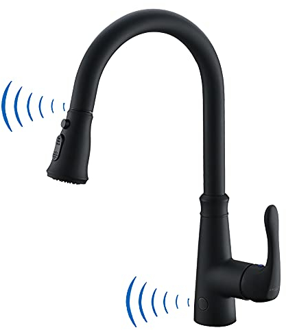 GEOATON Sensor-Küchenspüle, berührungslos, automatischer Sensor, Küchenspüle, Mischbatterie mit herausziehbarem Sprühkopf, Einhebel-Schwenkauslauf, mattschwarz