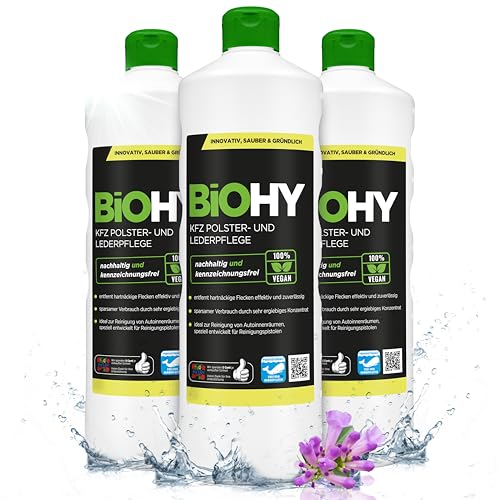 BIOHY KFZ Polster- & Lederpflege (3 x 1 Liter) | KFZ- Innenraum Aufbereitung & Lederpflege | hinterlässt angenehmen Geruch | Fleckenentferner für Autositze | ideal für Reinigungspistolen