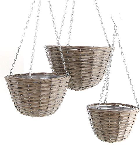Spetebo Pflanzkorb zum hängen im 3er Set aus Weide - 31,5, 25 und 20,5 cm - Blumenampel Hängekörbe mit Kette Blumentopf hängend mit Folie
