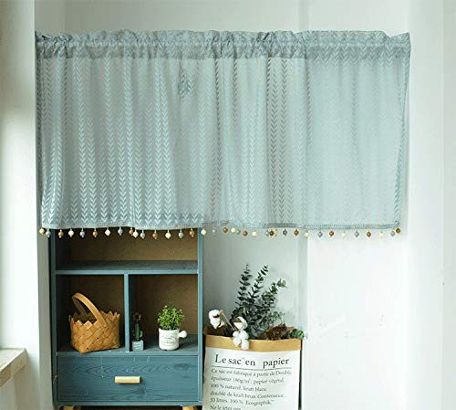 Yaland Jacquard Scheibengardine mit Quasten Grau 1 Stück HxB 50x100cm | Grau mit Tunnelzug Halbvorhang mit Fischgrätenmuster Landhausstil für Regale, Schränke & Küchenfenster als Blickschutz