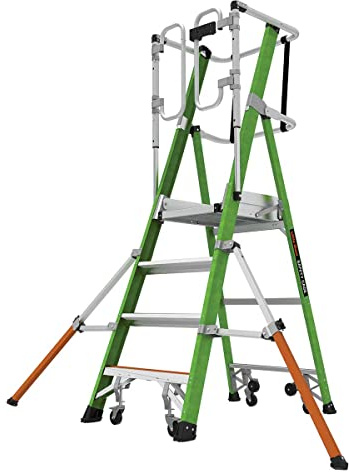 Little Giant Ladders 4 Tread Safety Cage Series 2 Work Platform, Non Conductive Hi Viz Green Fibreglass, Enclosed Safety Cage Work Platform, EN131-7