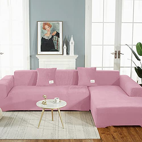 OKJK Samt Sofaüberwurf Stretch All-Inclusive Couchbezug Eckcouch, Wohnzimmer Vier Jahreszeiten universeller l Form Sofabezug, Pflegeleichter Sofaschutz (Light pink,Part A-A 235-300cm)