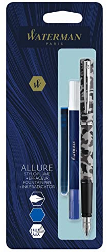 WATERMAN Graduate Allure Fountain Pen, Camouflage, Chrome trims, Fine Nib + blue cartridge + Eraser rewriter, blister